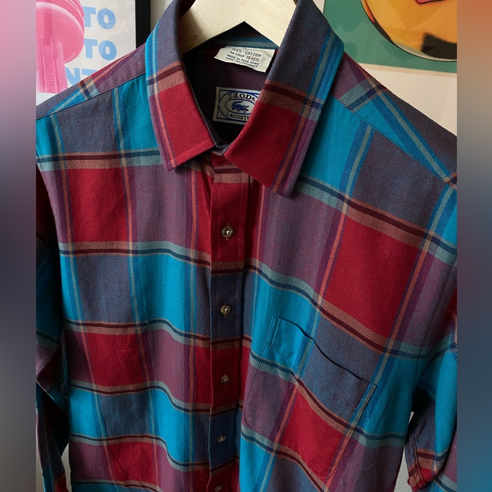 Lacoste Izod Vintage 90's Button Up Shirt 100% Cotton Red/Turquoise 15.5" Medium